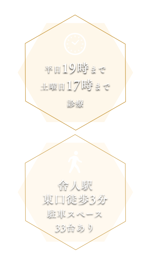 平日19時まで、土曜日17時まで診療。舎人駅東口徒歩3分、駐車スペース33台あり。
